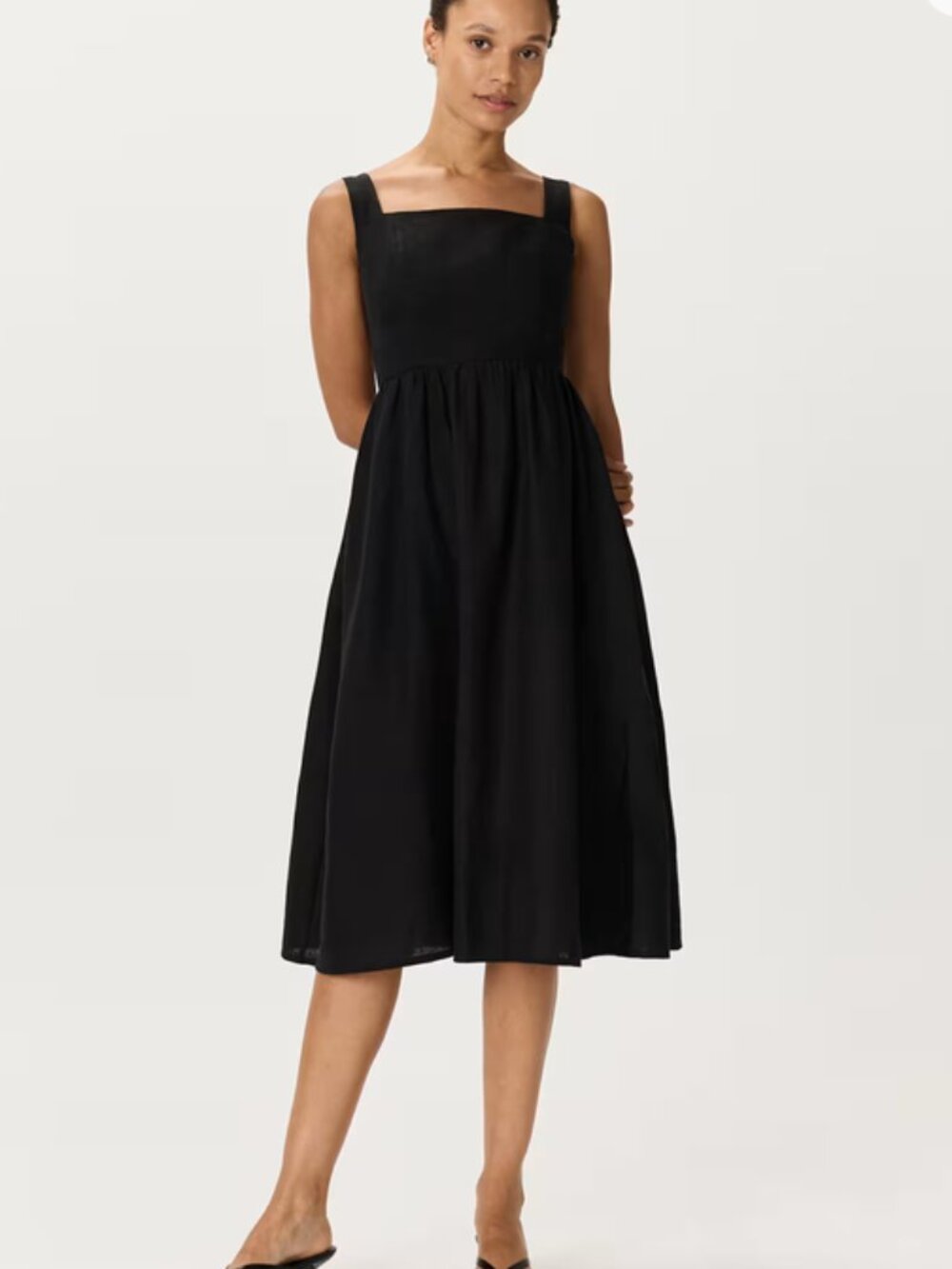 Quince European Linen Fit & Flare Midi Dress Black Pockets XS New With Tags
